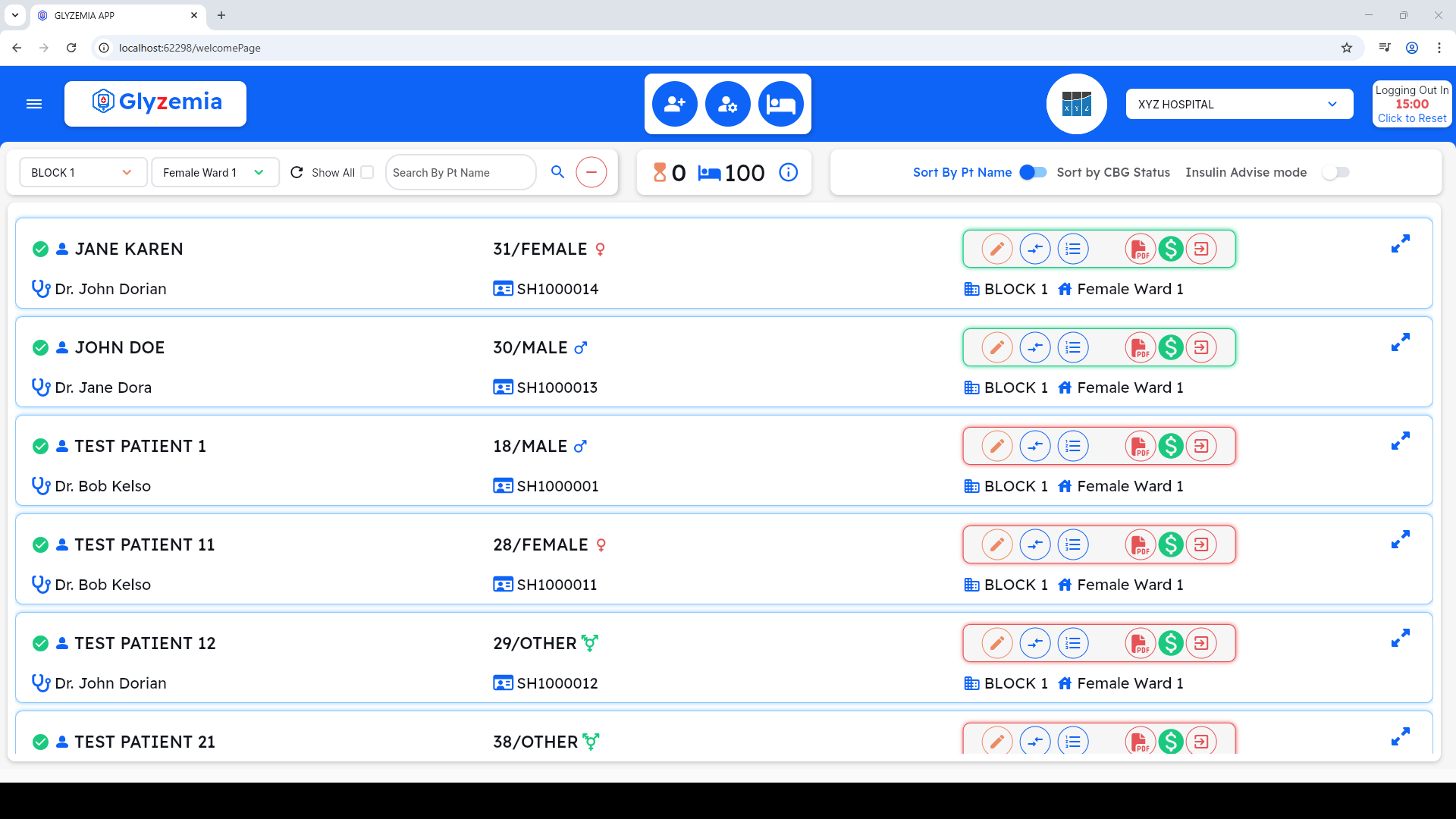 Glyzemia hospital dashboard showing sample patient cards